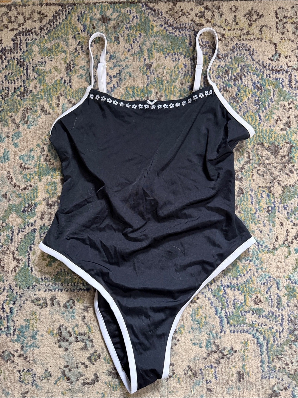 PINK Frankie’s Bikinis Black One-Piece Swimsuit with White Trim